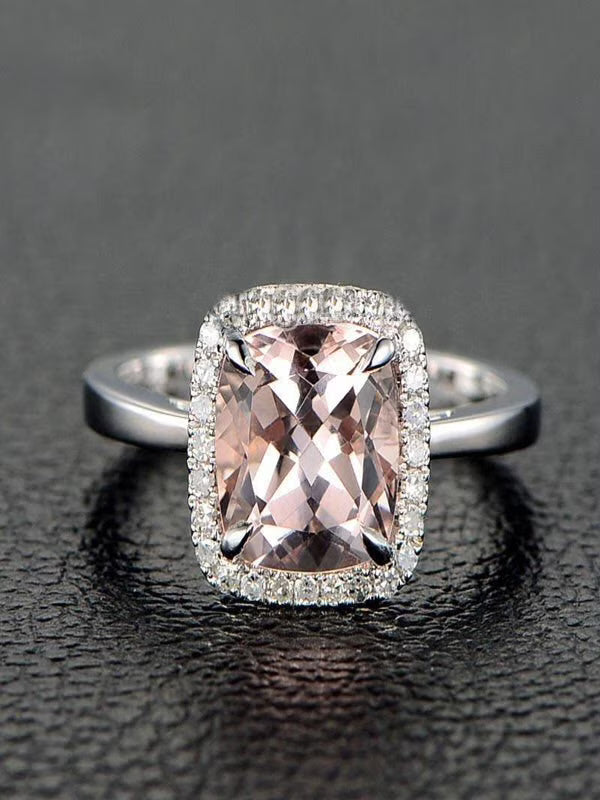 1.25 Carat Cushion Cut Peach Pink Morganite and Diamond Halo Engagement Ring in 10k White Gold G47654