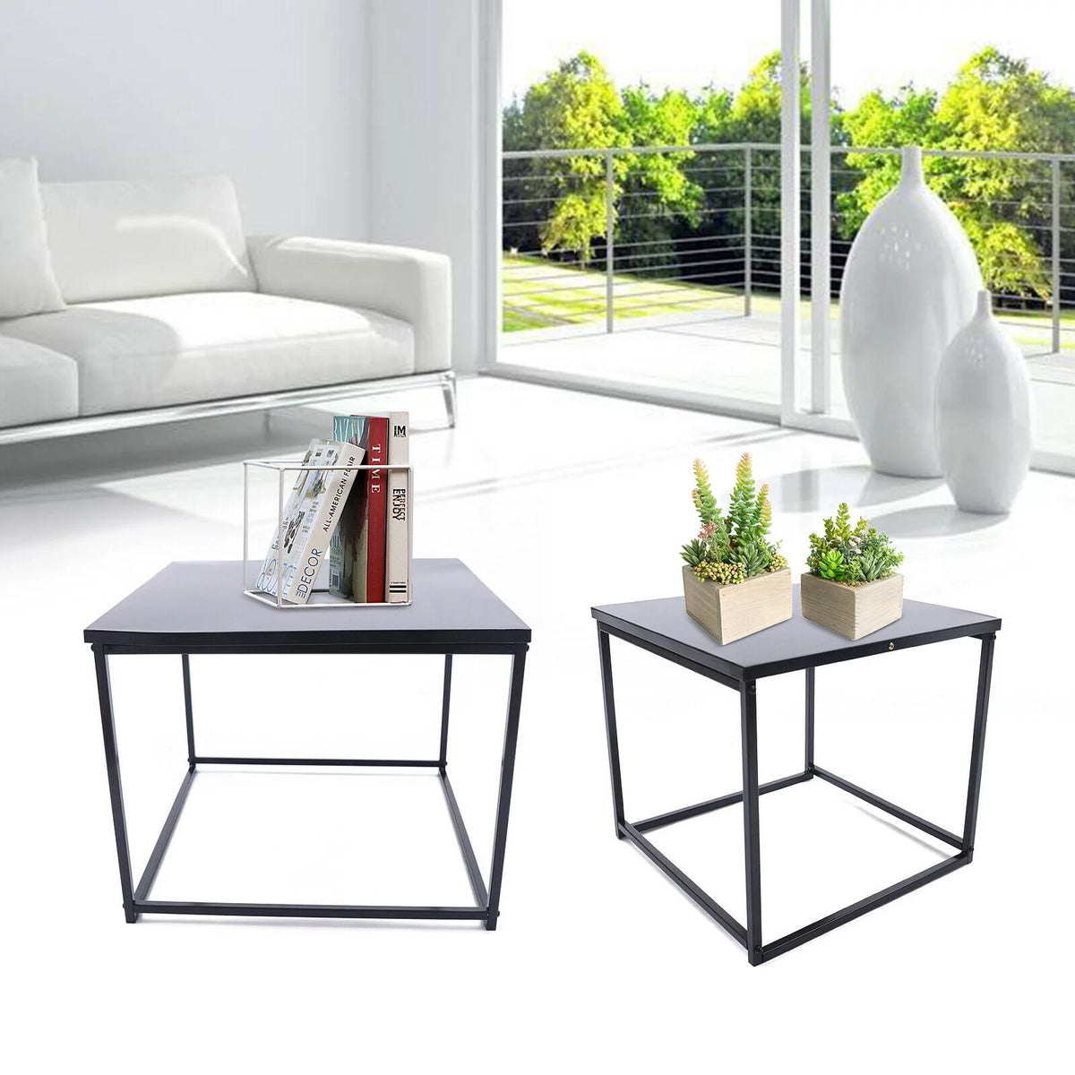 2Pcs Modern Industrial Square Iron End Table U37908