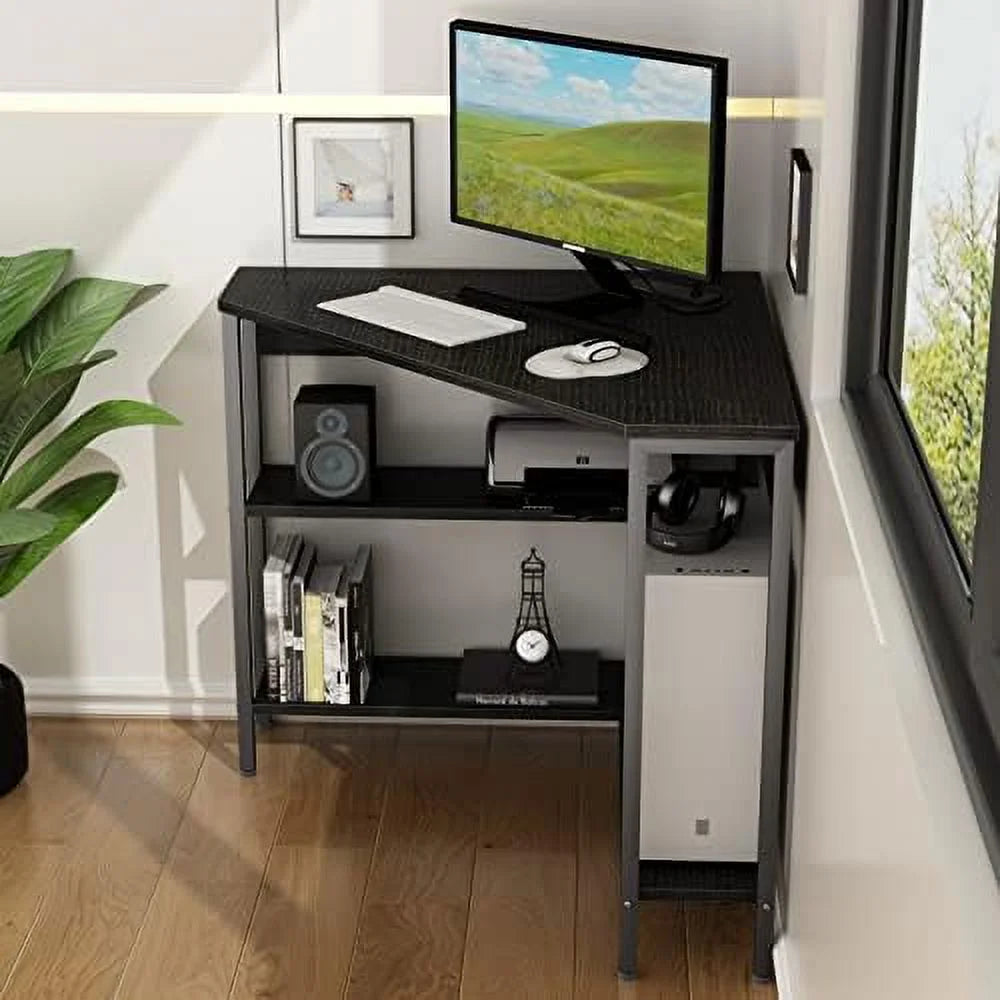 Black Corner Desk with Outlets USB Ports Shelves H229