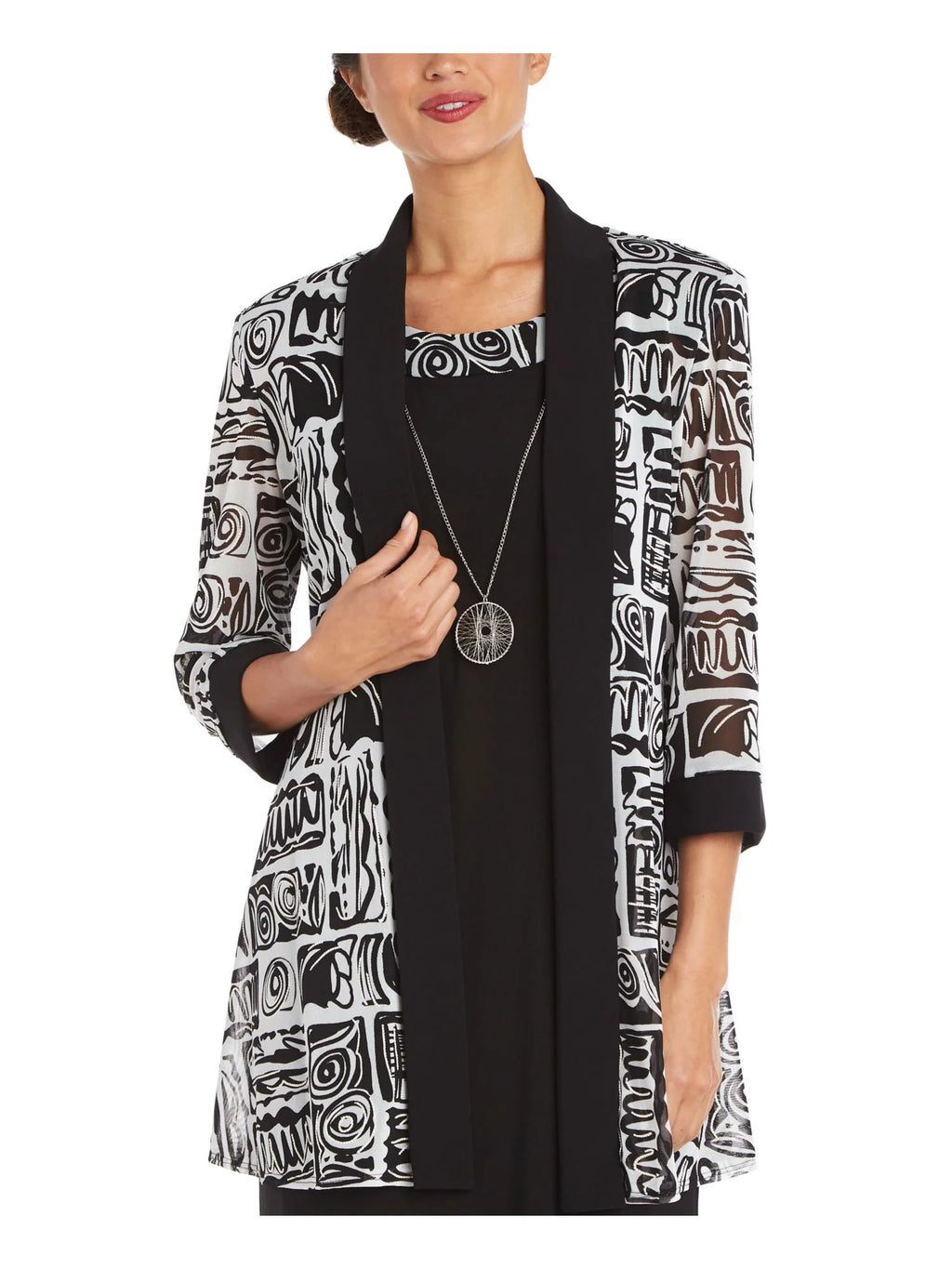 Black Textured Open Front 3/4 Sleeve Sheer Jacket Petites 14P W99908