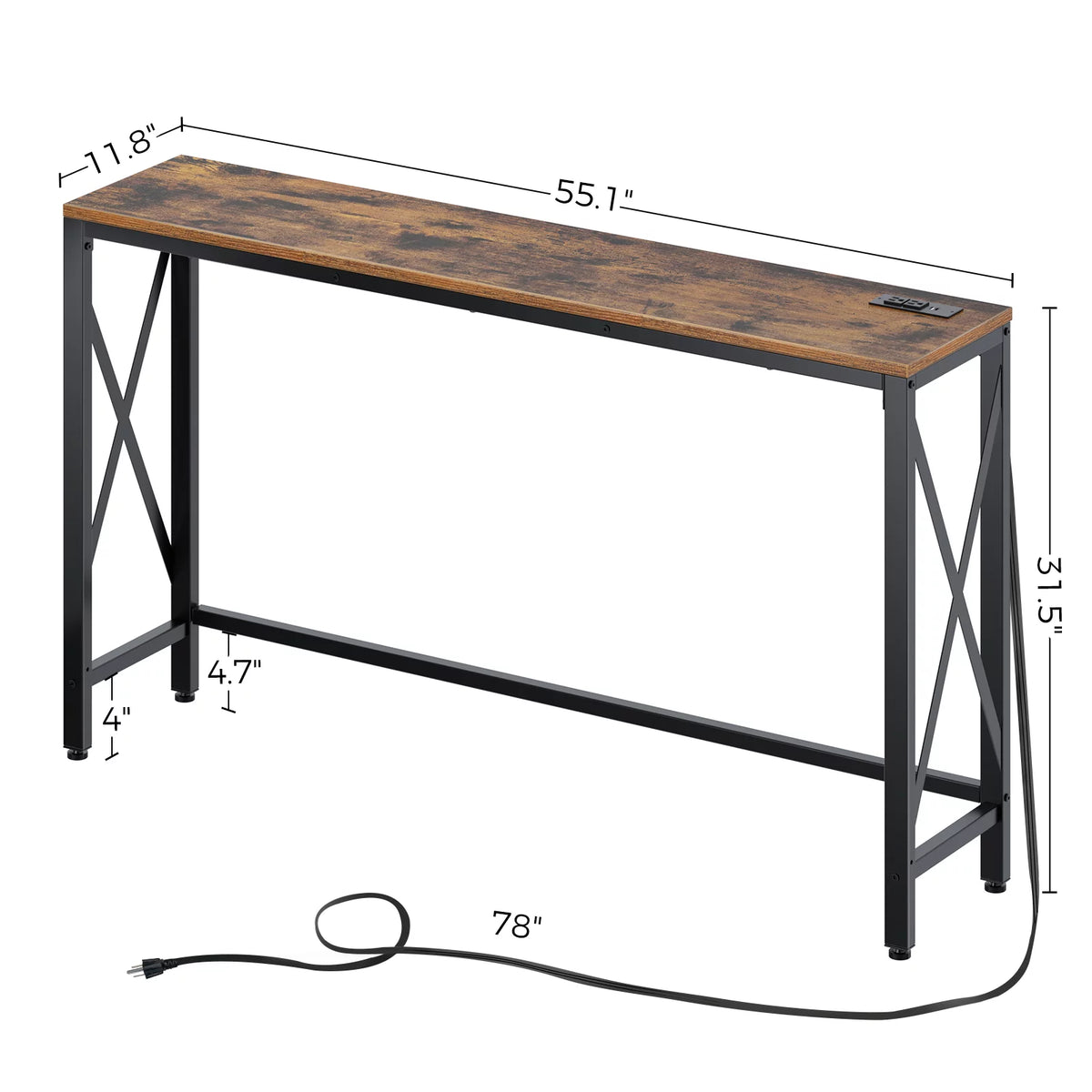 Console Table with Power Outlet, 55 Inch, Rustic Brown F39685