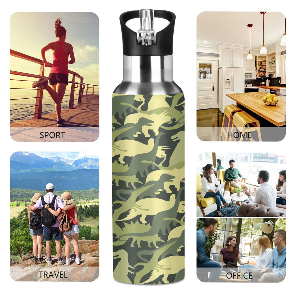 Army Green Camo Dinosaur Stainless Steel Water Bottle with Straw Lid 20 OZ M88581