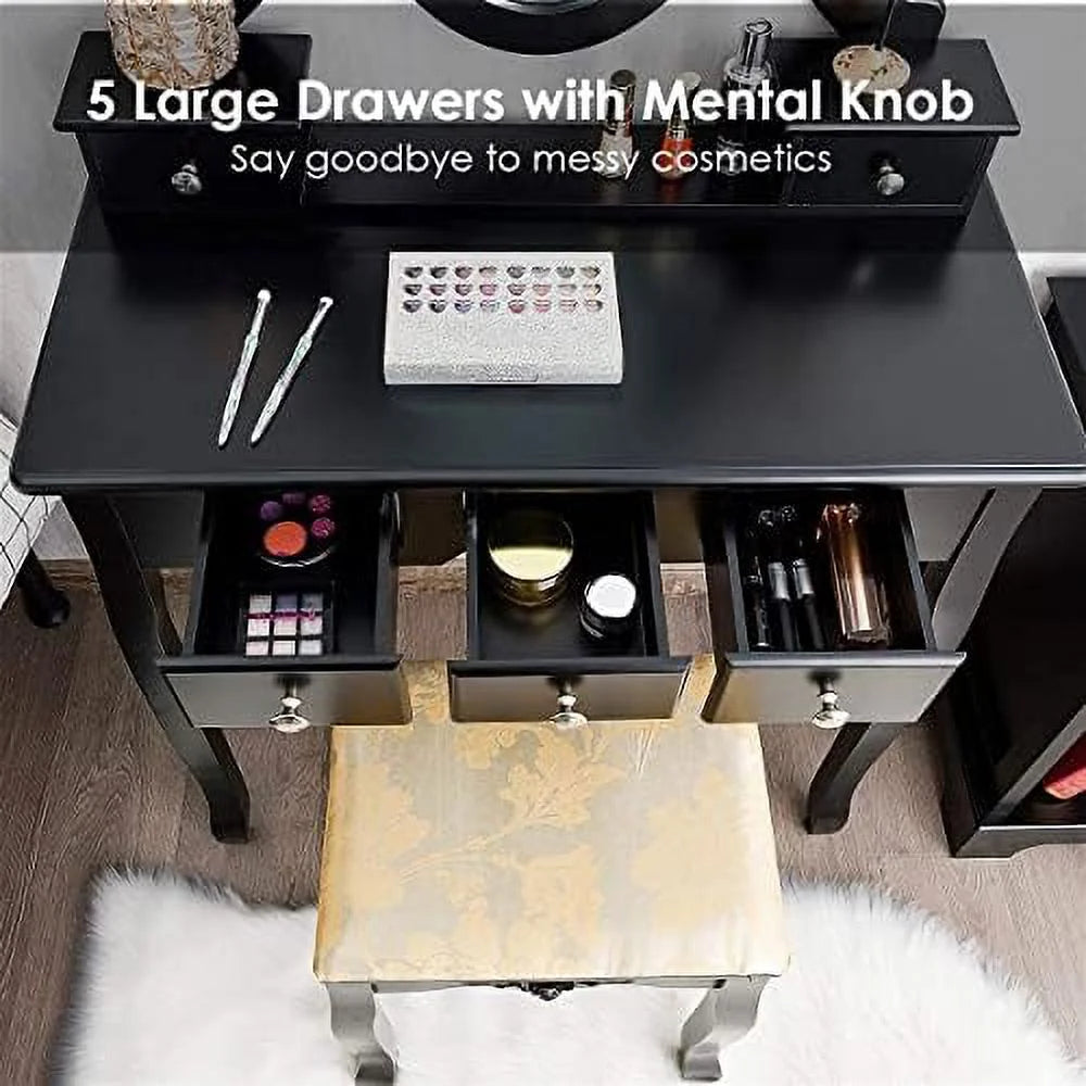 White Vanity Table Set with Rotatable Mirror, Cushioned Stool & 5 Drawers R867914
