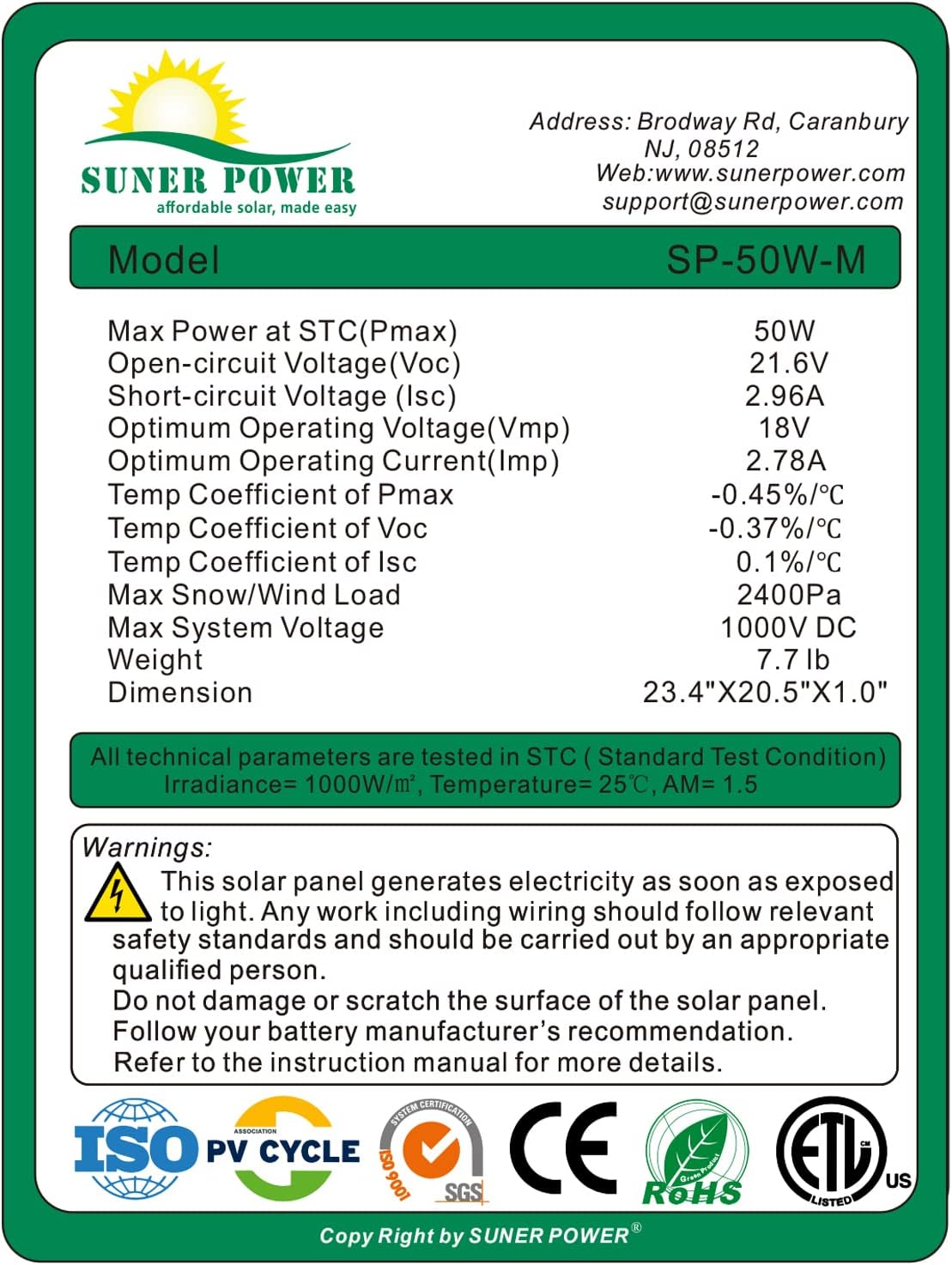 50W Mono Crystalline 12V Solar Panel Kit with 10A Charge Controller and SAE Cable Adapters Q30050