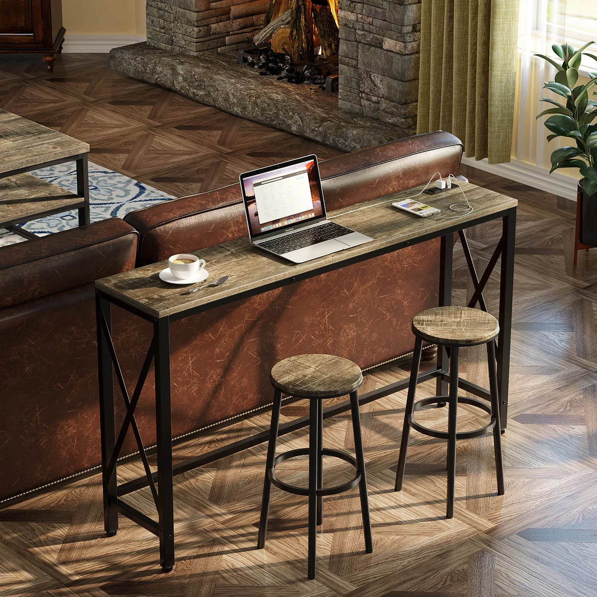 Console Table with Power Outlet, 55 Inch, Rustic Brown F39685