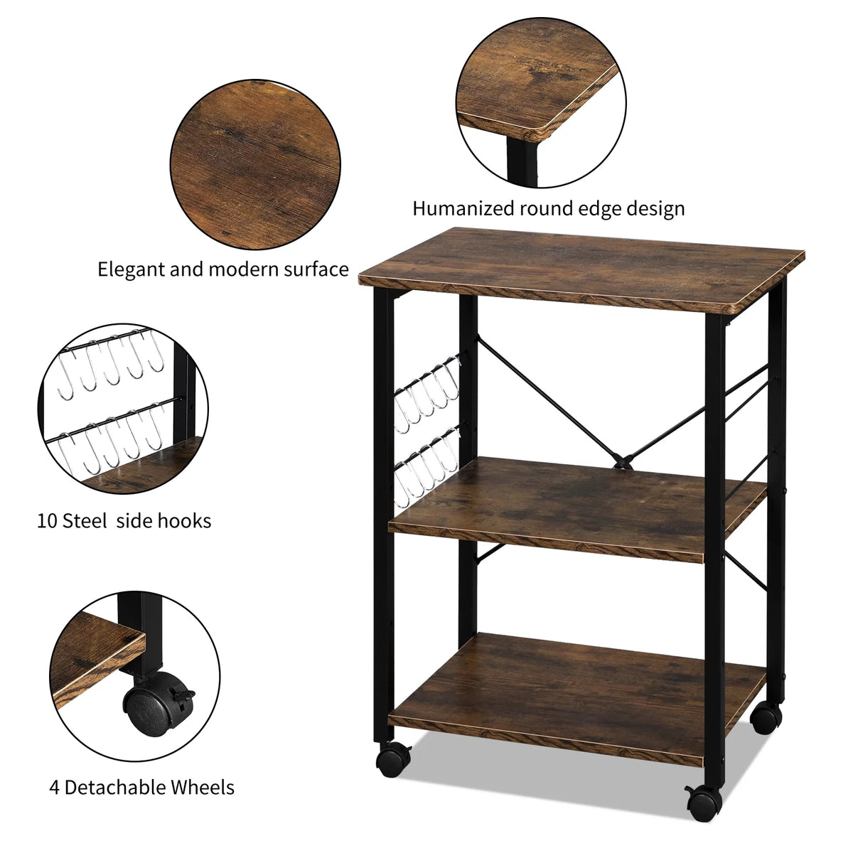 3-Tier Rolling Kitchen Cart with Metal Frame H23912