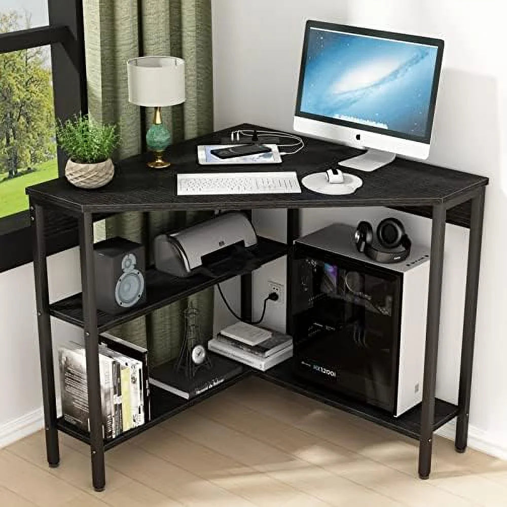 Black Corner Desk with Outlets USB Ports Shelves H229