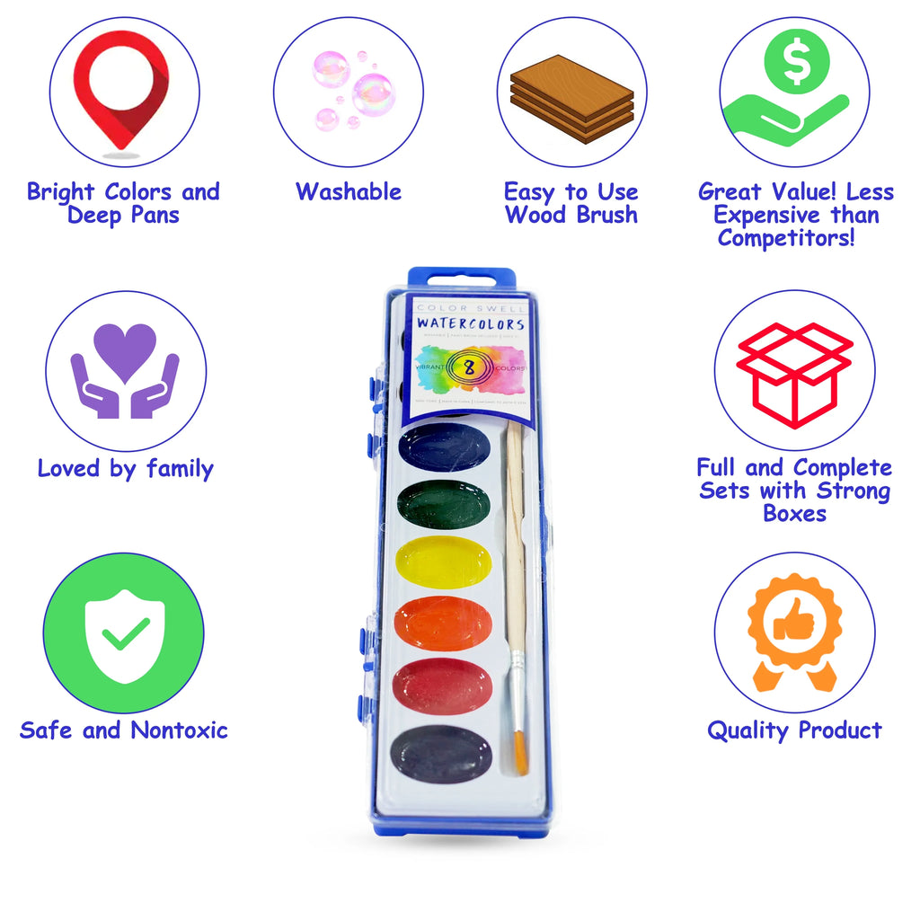18 Packs Washable Watercolor Paint and Wood Brushes W58759