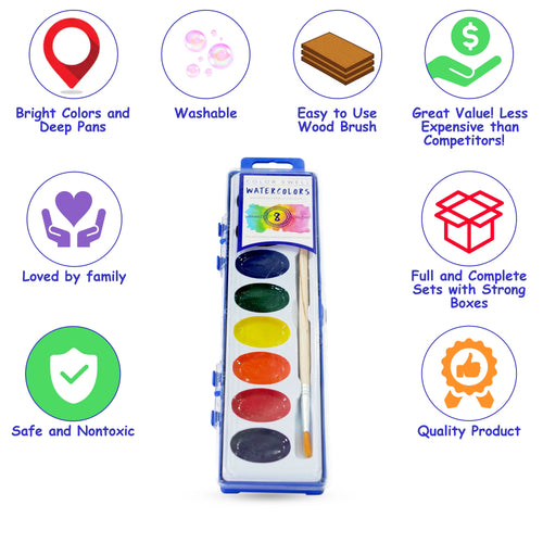 18 Packs Washable Watercolor Paint and Wood Brushes W58759