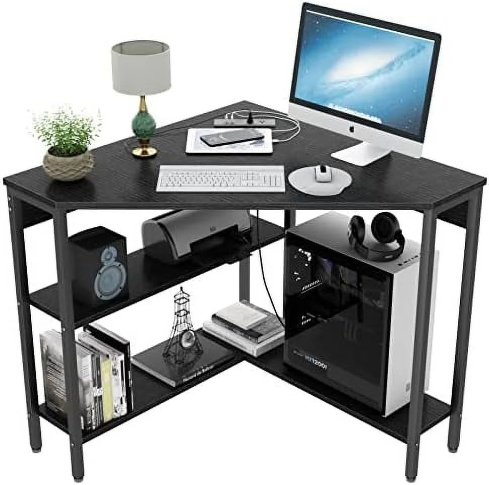 Black Corner Desk with Outlets USB Ports Shelves H229