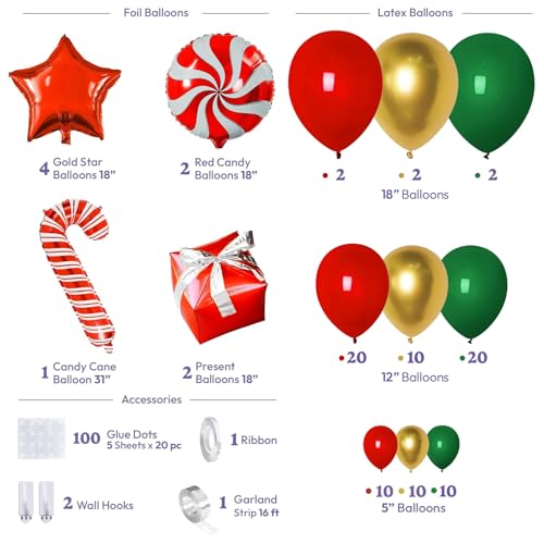 Red and Green Christmas Balloon Arch Kit with Candy Cane and Star Foil Balloons R639